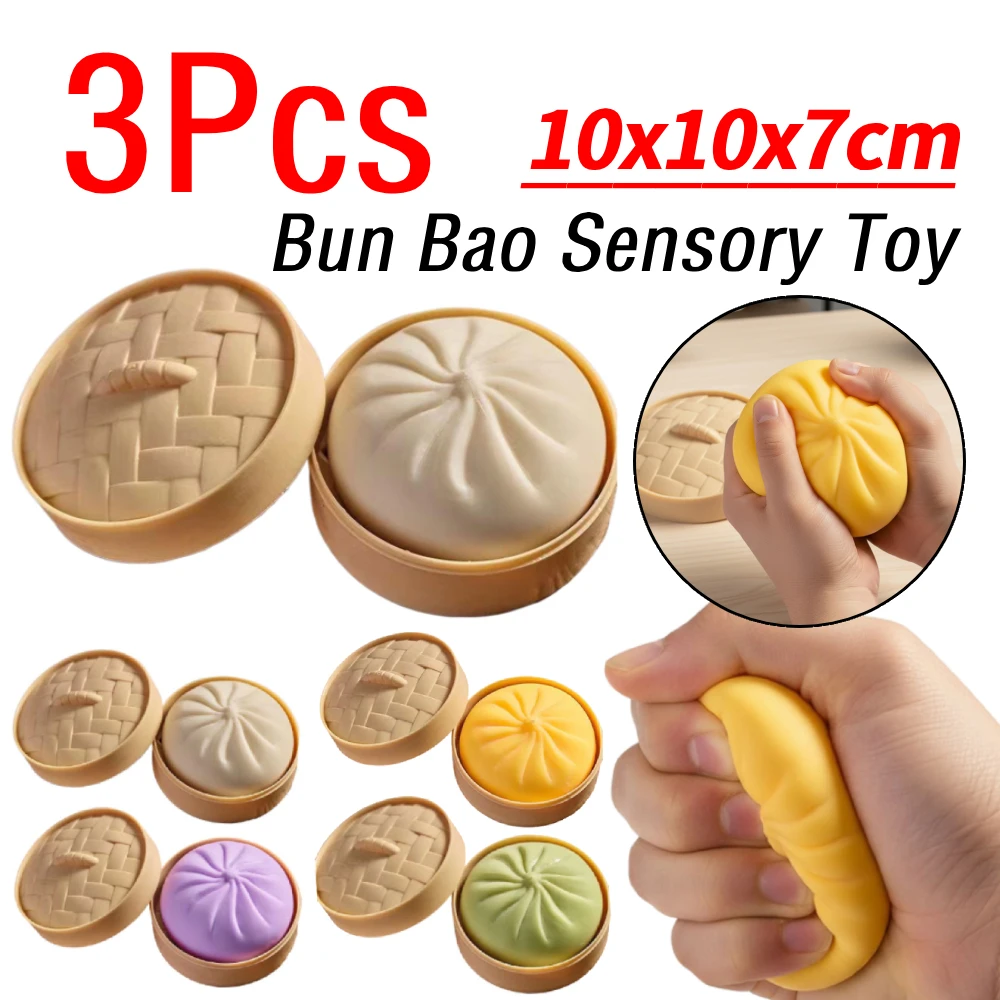 

3Pcs Bun Bao Squeeze Dough Ball Slow Rebound Creative Fake Buns with Steamer Dough Ball Gifts Fidget Sensory Toys Colorful 10x10
