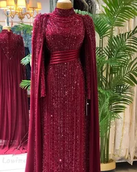 Elegant Muslim Evening Dress Cape Sleeves Burgundy Prom Dresses Heavy Beading Sequins Arabic Dubai Women Party Gowns Customized
