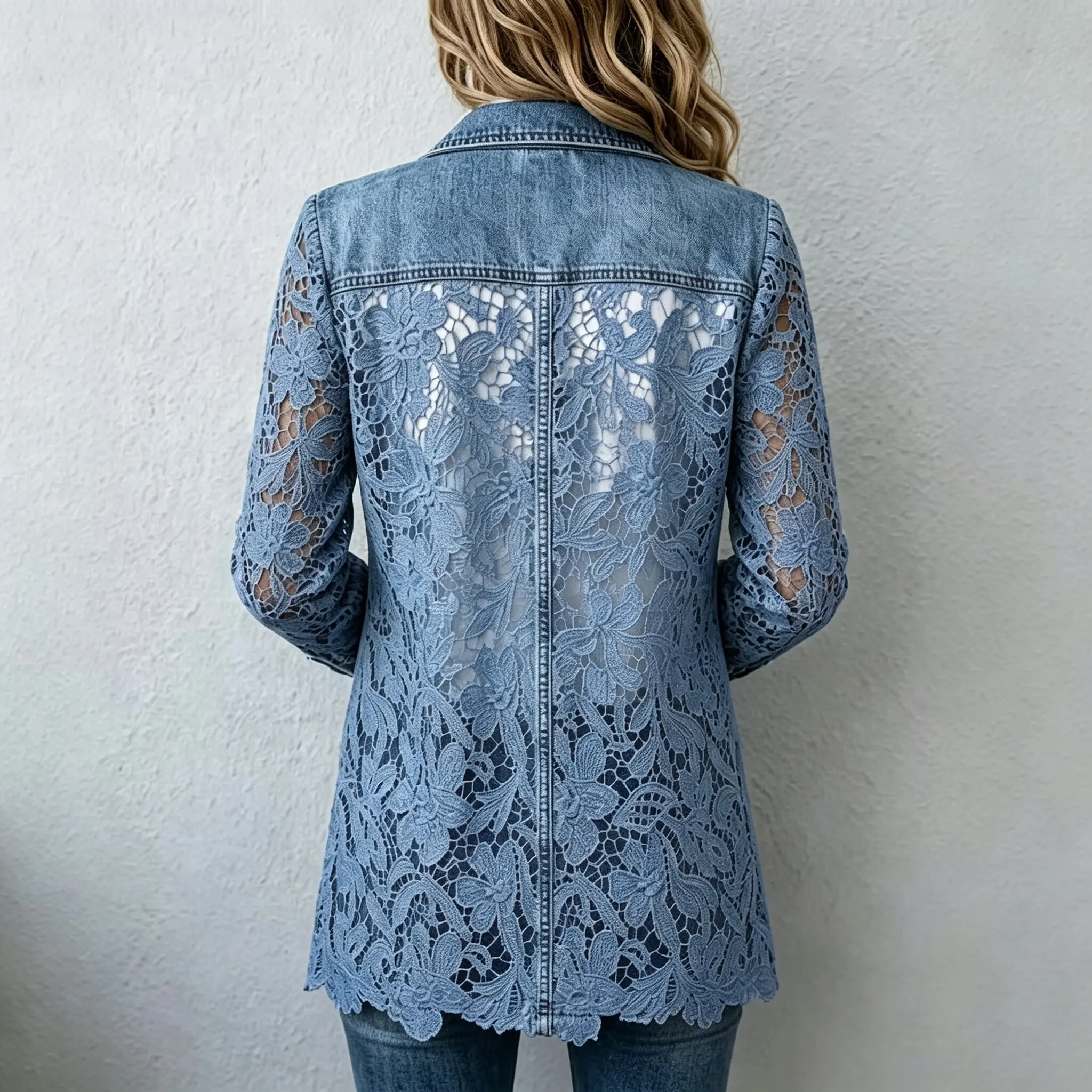 Autumn Women Faux Denim Patchwork Blazer Long Sleeve Hollow Floral Lace Open Front Jacket Slim Fit Casual Outerwear Coats for L
