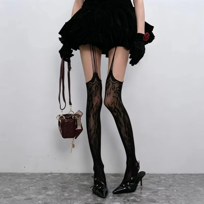 Y2K Garter Suspender Lace Fishnet Tights Lace Top Thigh High Stockings Women Floral Sheer One Piece Mesh Pantyhose Sexy Clubwear