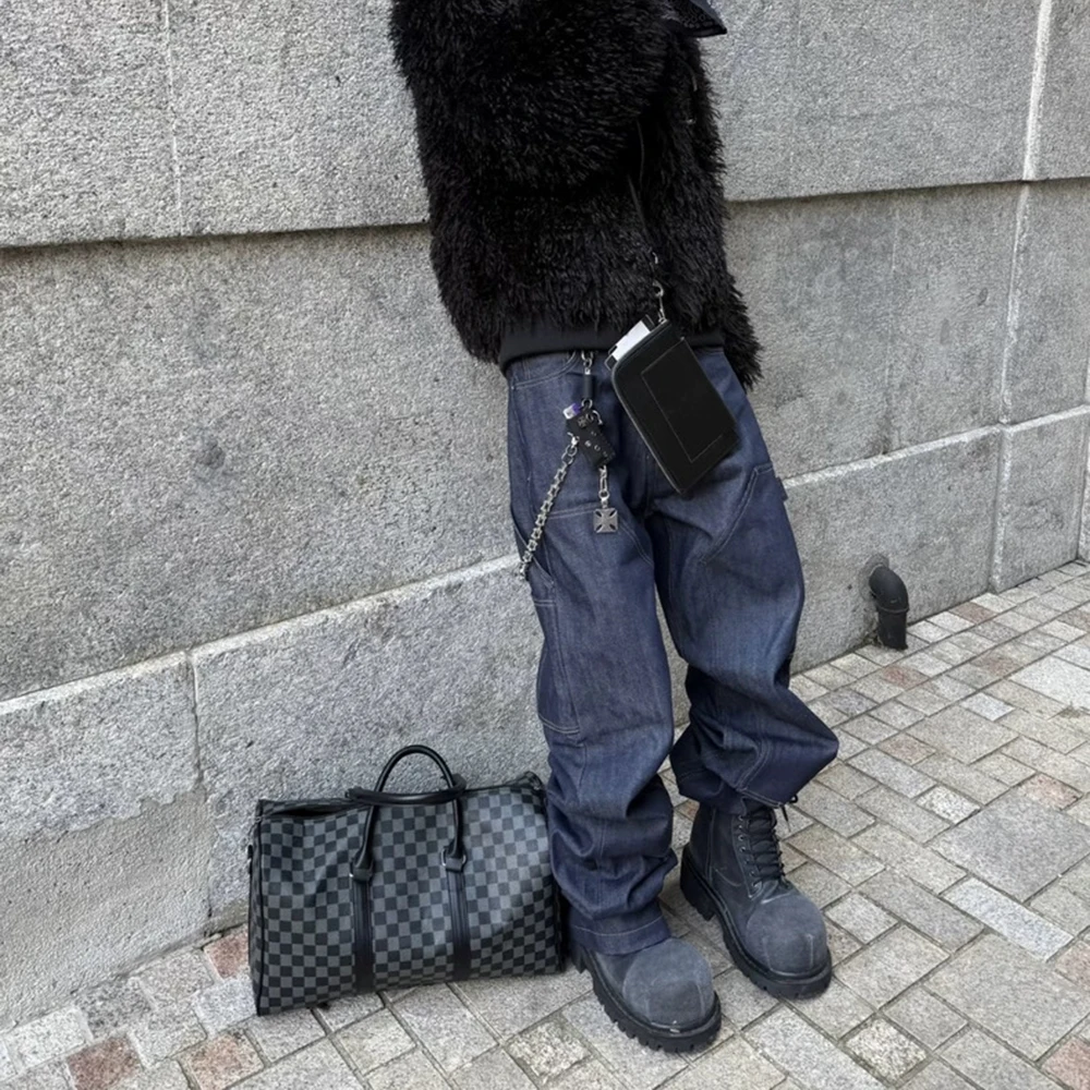 ハイストリートオリジナルカラーワイドレッグブルーバギージーンズ メンズ ストレートルーズポケットカジュアルデニムパンツ オーバーサイズカーゴトラウザーズ