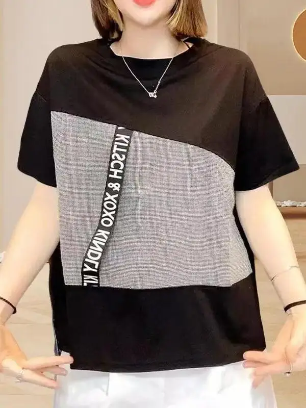 

Summer Short Sleeve plus Size Base Shirt Color Block Casual Anti-Aging Design Korean Style Loose Fit Printed T-Shirt for Women