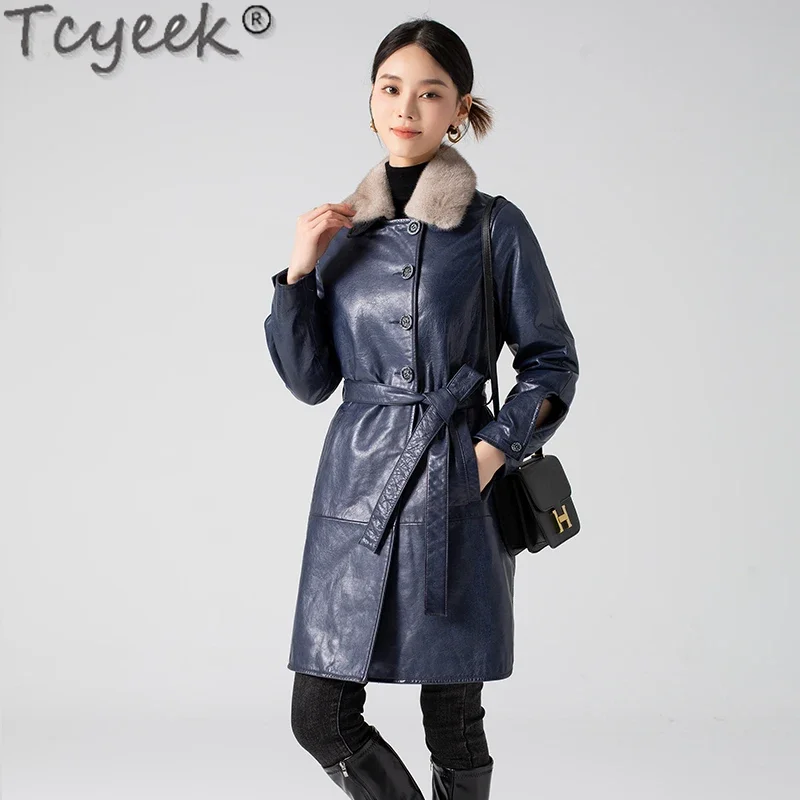 Tcyeek, chaqueta de cuero genuino para mujer, chaquetas de invierno cálidas con cuello de piel de visón, abrigo de piel de oveja con cera de aceite de longitud media para mujer, ropa 2024