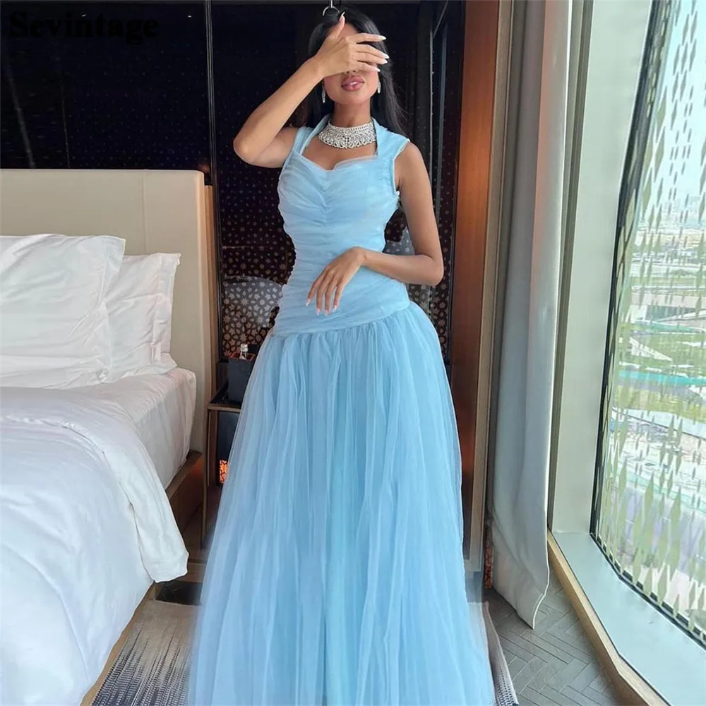 Sevintage Sky Blue Saudi Arabic Tulle Prom Dresses Cap Sleeves A Line Skirt Tea-Length Formal Women Party Dress Outfits 2023