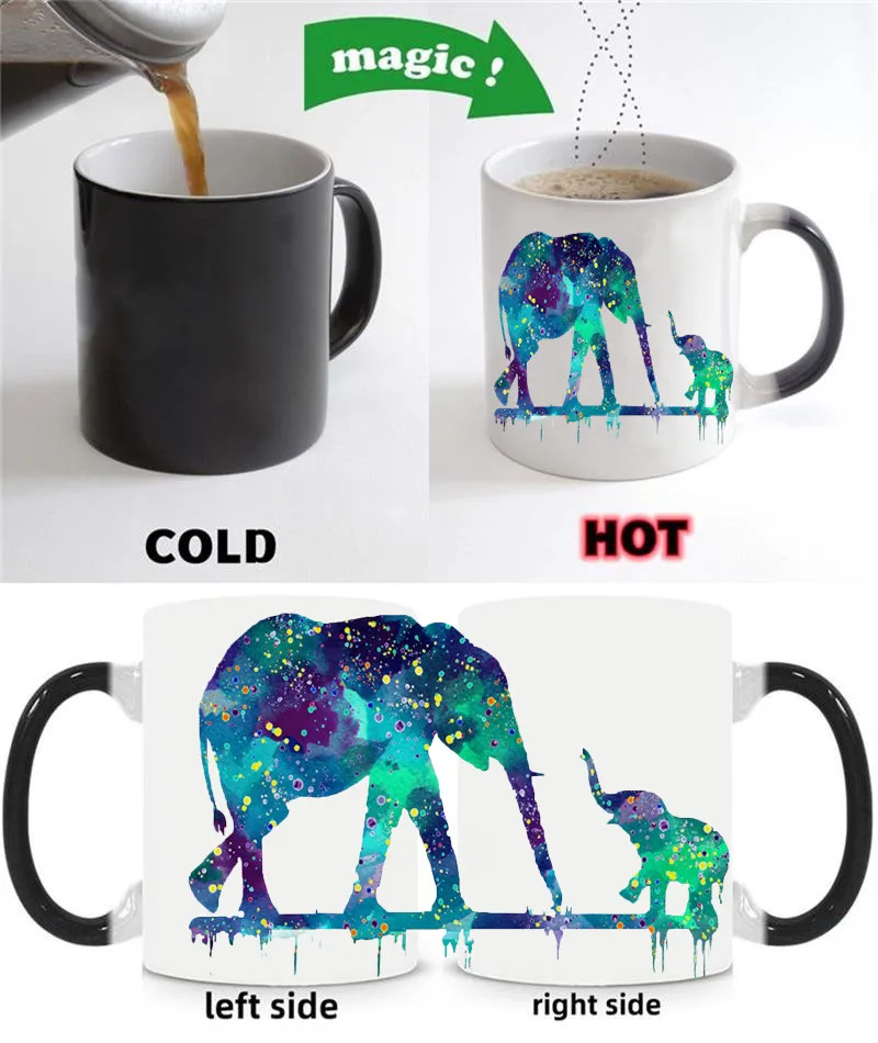 Elephant Mugs for Nursery Art, Magic Tea Cup, Color Changing, Coffeeware, Home Decal, Heat Reveal, Unique Drinkware, Kids Gifts