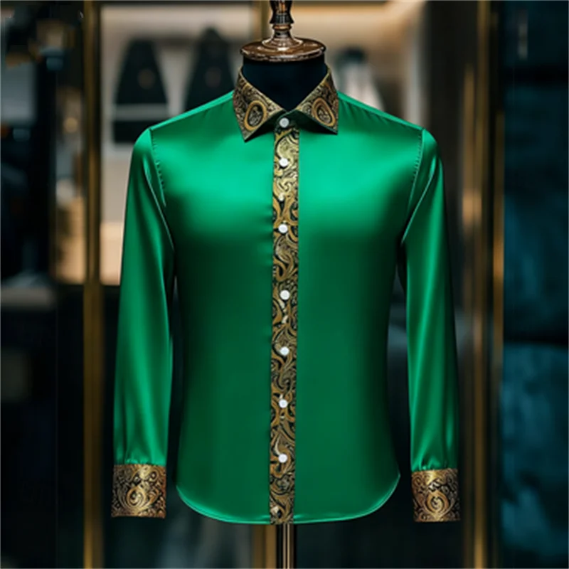 Męska luksusowa koszula z długim rękawem, jedwabna, biało-brązowa, jednolita, wzór paisley, dopasowany krój, casualowa koszula z kołnierzykiem.