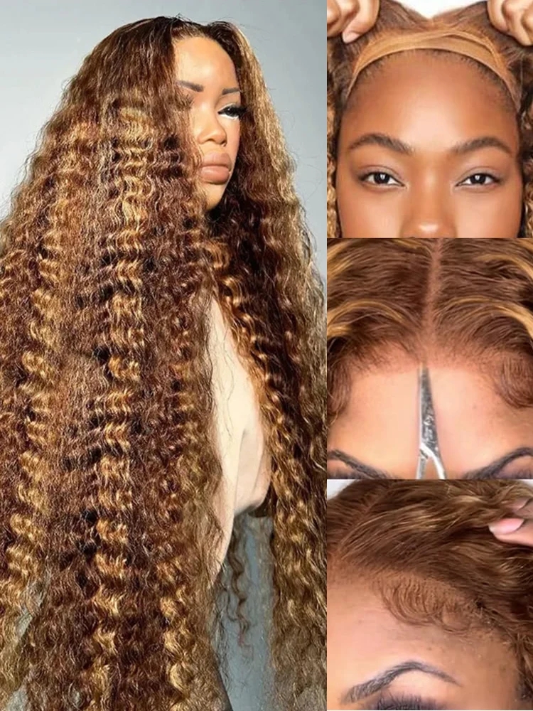 วิกผมสำเร็จรูปแบบไม่ต้องใช้กาว 250% ความหนาแน่น พร้อมส่ง ไฮไลท์สีออมเบร วิกผมลอนสีน้ำตาล 13x4 HD Lace Frontal วิกผมแท้จากผมมนุษย์ วิกผมลอนลึกแบบคลื่นน้ำ
