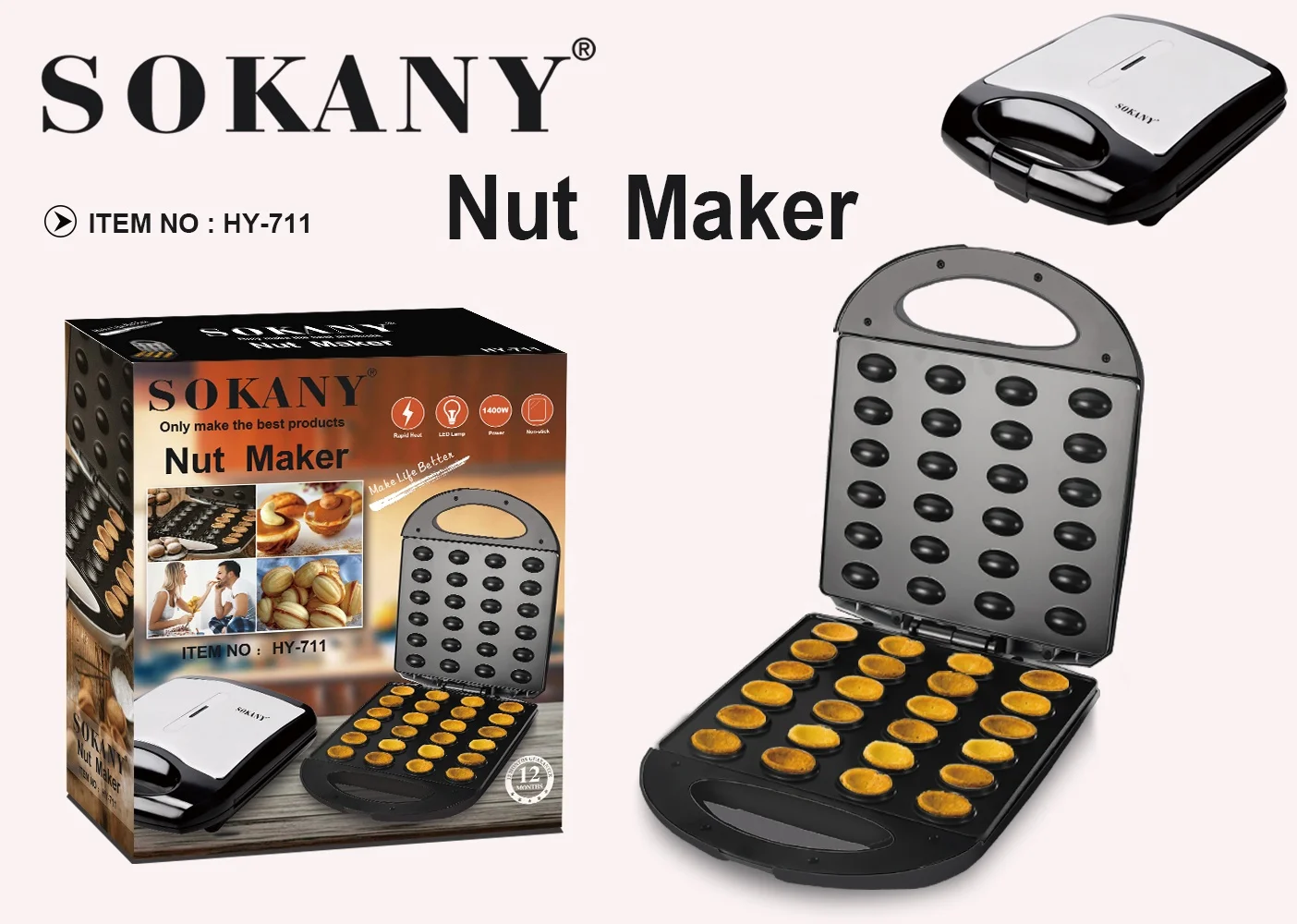 SOKANY 24-Hole Stainless Steel Electric Walnut Cake Machine Non-Stick Nut Shape Mini Waffle Maker for Household Breakfast Walnut