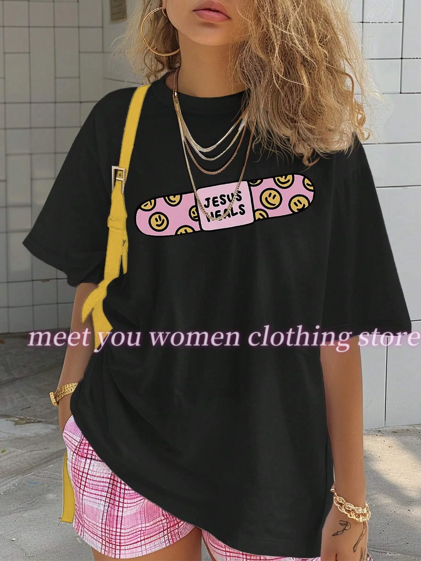 

3D Fun Band Aid God Heals Print T-shirt Women Summer Casual Short Sleeve Girl Tops Grunge Aesthetic Streetwear women Tees