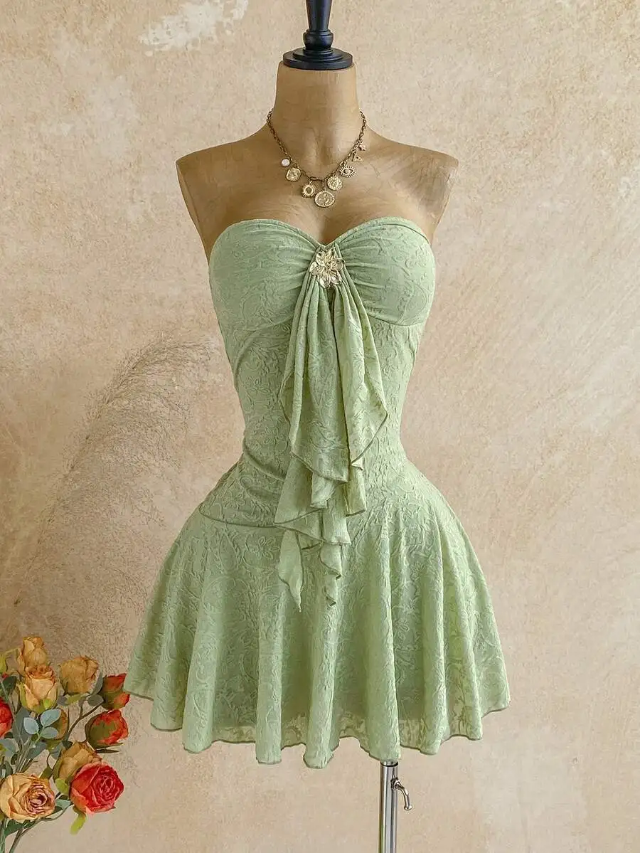 

Womens Strapless Ruched Mini Dress With Floral Knot Detail, Paisley Textured Knit, Boho Style For Party Vacation
