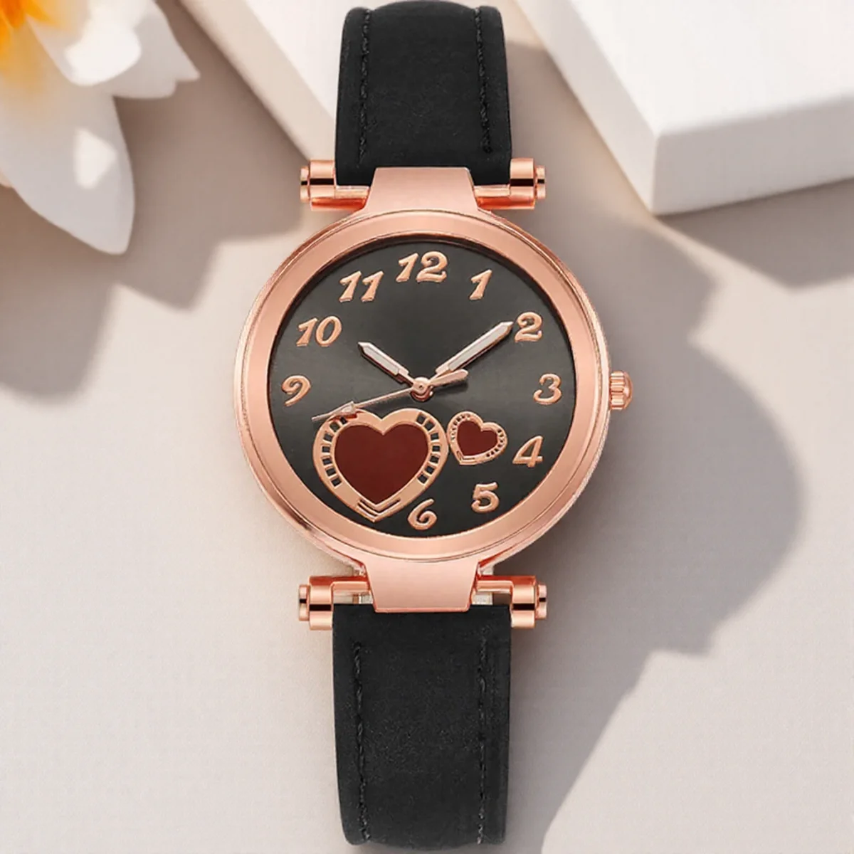 ساعة نسائية Love Watch بتصميم قلب الخوخ كوارتز للنساء بحزام جلدي بلوري ساعة يد كاجوال للسيدات #1