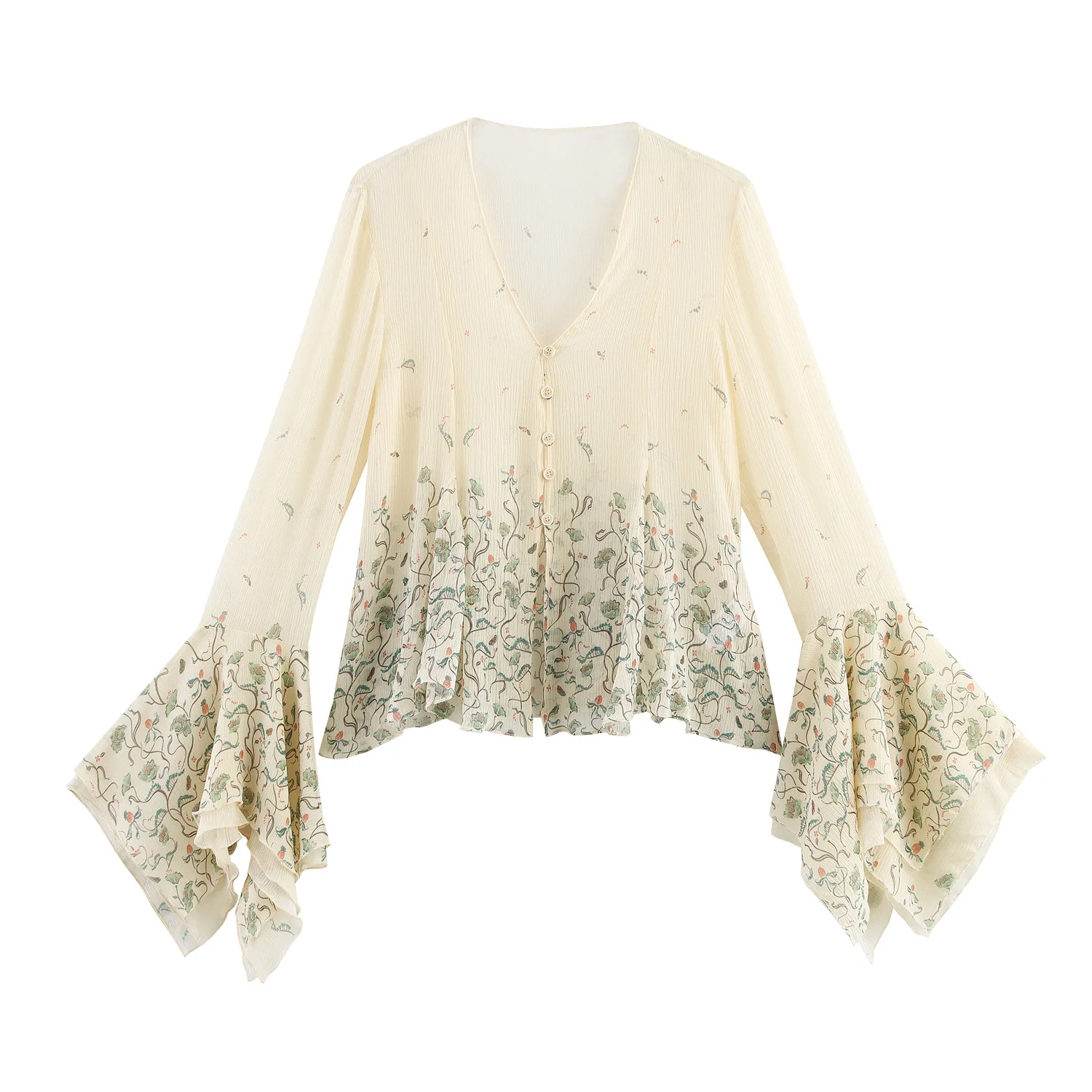 

European and American style new women's clothing French lazy style super fairy flared sleeves V-neck printed shirt