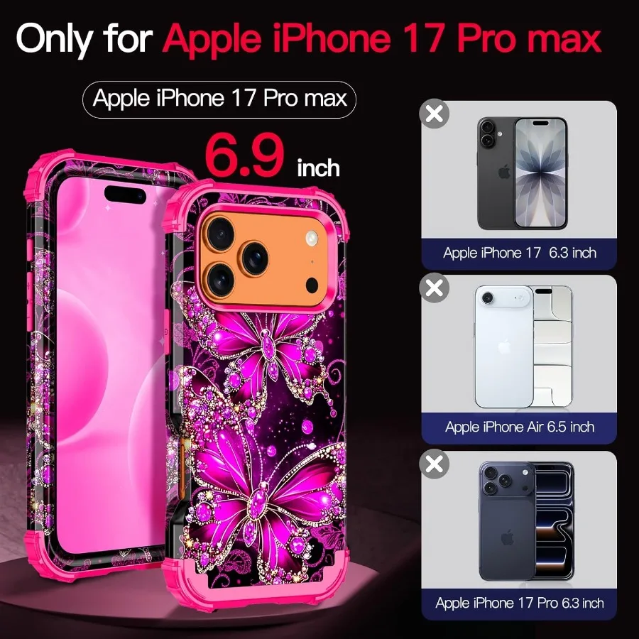 حافظة لهاتف آيفون 17 برو ماكس تتوهج في الظلام ثلاث طبقات شديدة التحمل وقوية ومضادة للصدمات حماية كاملة متينة من البولي كربونات الصلبة + ناعمة