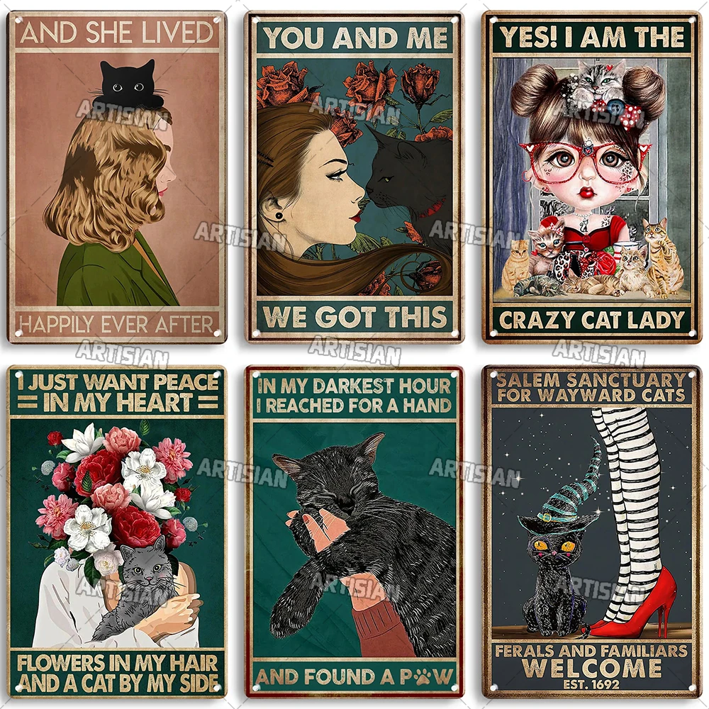 Artisian Girl And Cat Metal Sign Pet Tin Poster Funny Decorative Plate Wall Decor Garage Bar Pub Club Hotel Cafe Kitchen Home