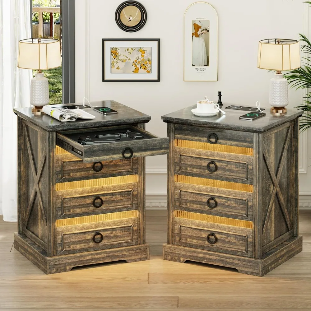 A set of two bedside tables, LED bedside table with gun drawer, farmhouse bedside table in bedroom and living room