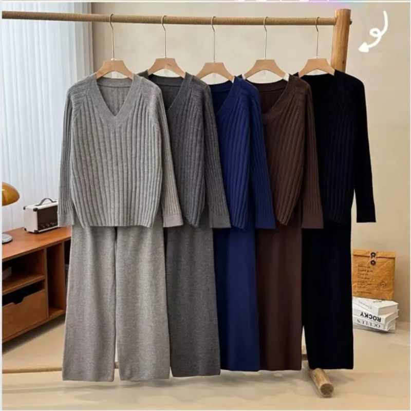 2025 casual duas peças roupa mulher 2 peças set it novo em conjuntos de correspondência de malha pulôver calças cor sólida confortável deslocamento