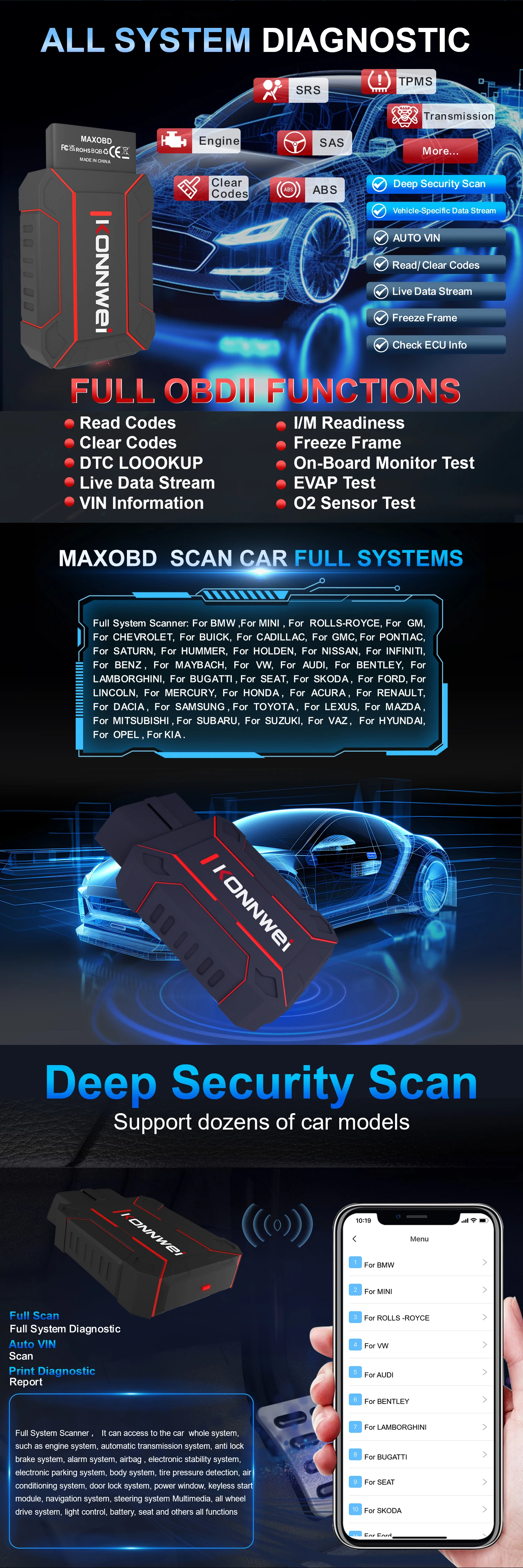 KONNWEI MAXOBD Bluetooth OBD2 Scanner Auto-Motorcode-Lesegerät Kfz-Diagnosegerät Unterstützt Android iOS Alle OBDII Benzinfahrzeuge – Detail 3
