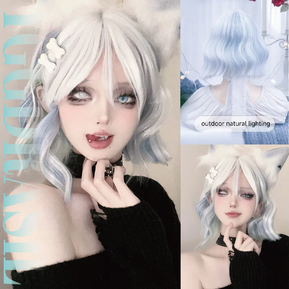 12Inch Lolita Blue White Pretty Synthetic Wigs With Bangs Short Natural Wavy Hair Wig For Women Daily Use Cosplay Heat Resistant