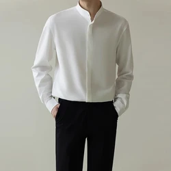 New Men Korean Fashion High-quality Business Casual Non Iron Ice Silk Shirts Male Black White Stand Collar Long Sleeve Slim Tops