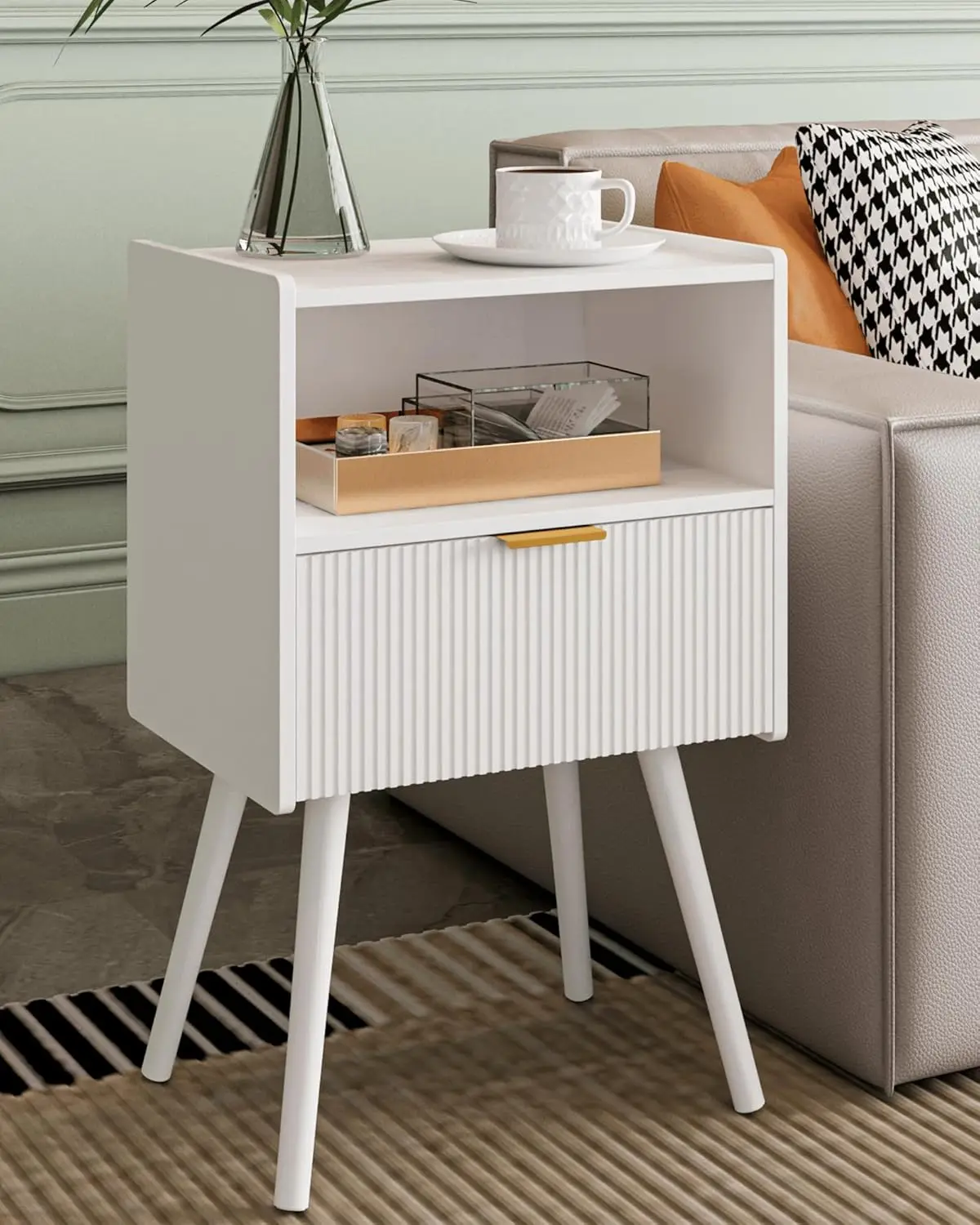 

Nightstand,Modern Bedside Table With Storage Drawer And Open Wood Shelf, Accent Night Stand With Solid Wood Legs For Living