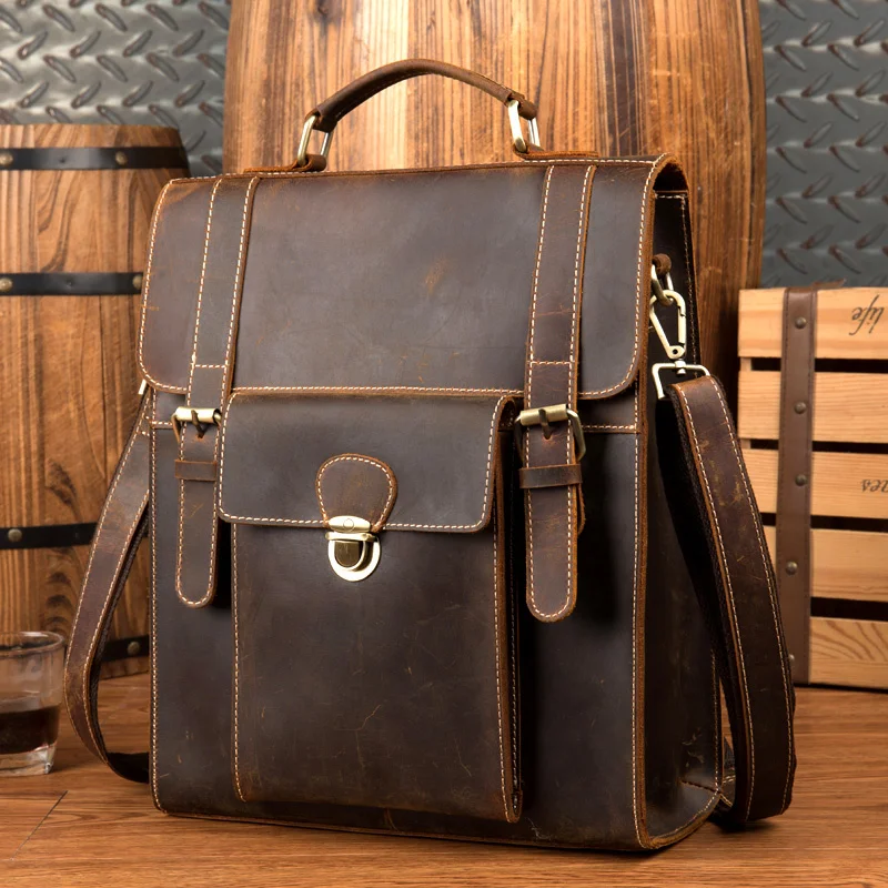 Nieuwe Gekke Paard Echt Lederen Zakelijke Heren Aktetas Dames Vintage Handtas Rugzak Één Schouder Tas 14 Inch Tablet