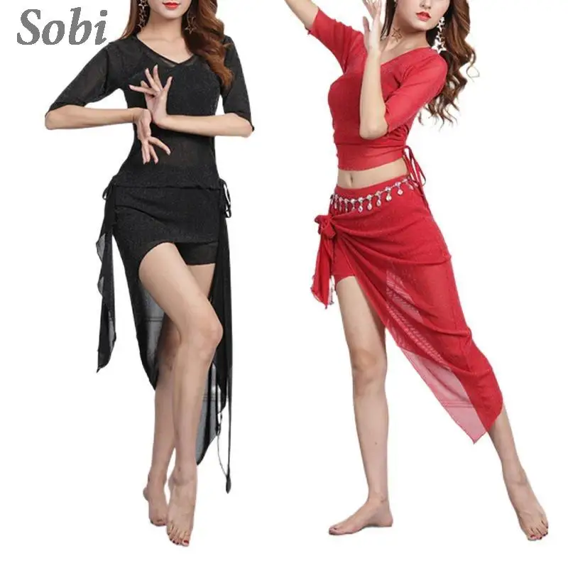 New Belly Dancing Clothes Women Girls Oriental Dance V-neck Half Sleeve Top Skirt with Short Skirt Sexy Mesh Bellydance Wear