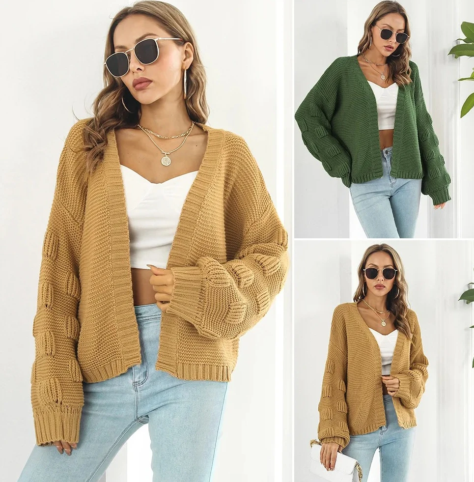 

Women's Bubble lantern sleeves loose Knitted Sweet Fresh Cardigan jacket Long Sleeve Female Sweater