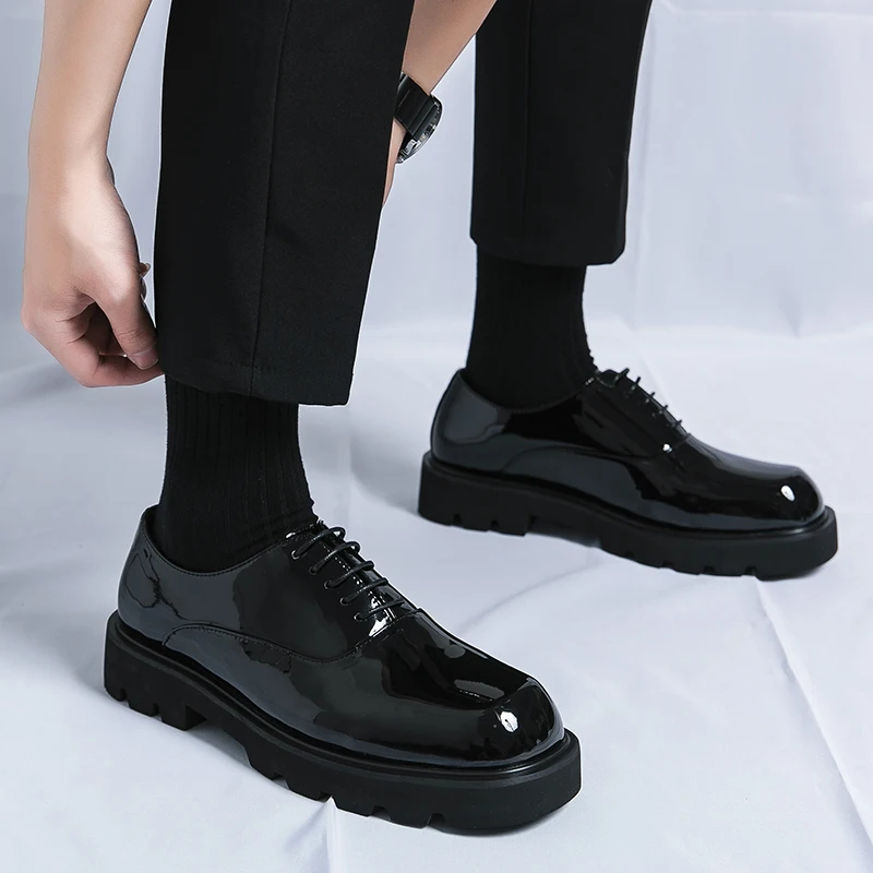 Men Japan Karajuku Korean Style Fashion Streetwear Thick Platform Casual Patent Leather Shoes Male Lace Up Dress Leather Shoes