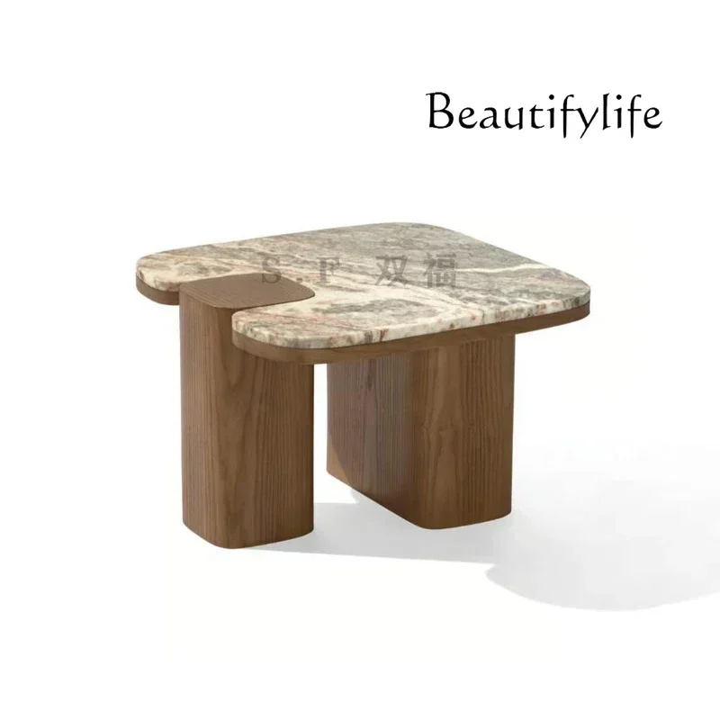 Tt Italian Minimalist Solid Wood Round Coffee Table Modern Simple Light Luxury Marble Edge Household Living Room Coffee Table