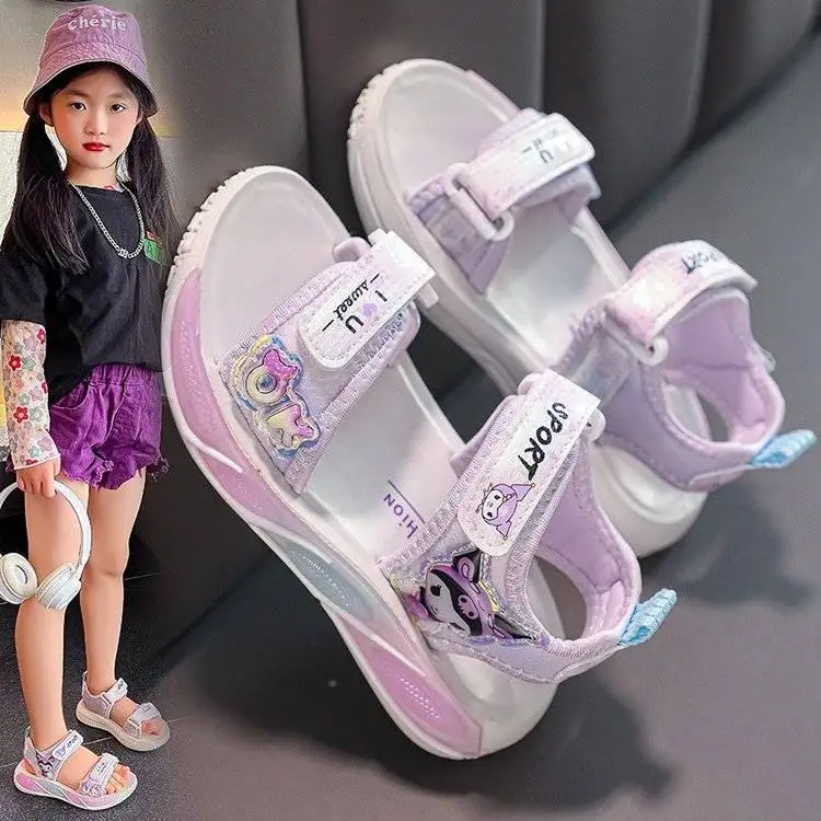 

Cute Kuromi Cartoon Little Girls Summer Sandal Double Hook Loop Strap Thick Sole Sport Sandals Breathable Open Toe Outdoor Beach