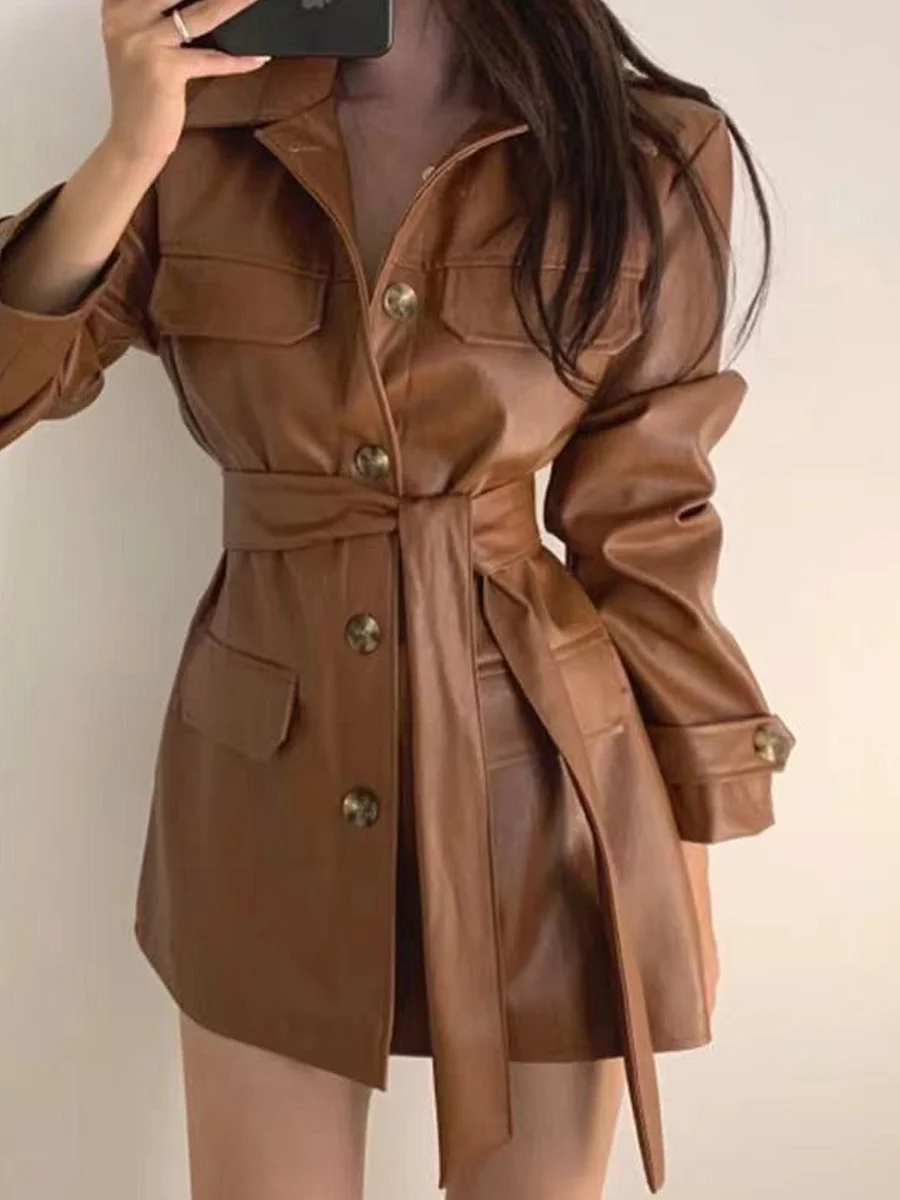 Chic Korean Style Women's Motorcycle Leather Jacket Slim Fit Midi Length Long Sleeve Autumn New Fashion Outerwear