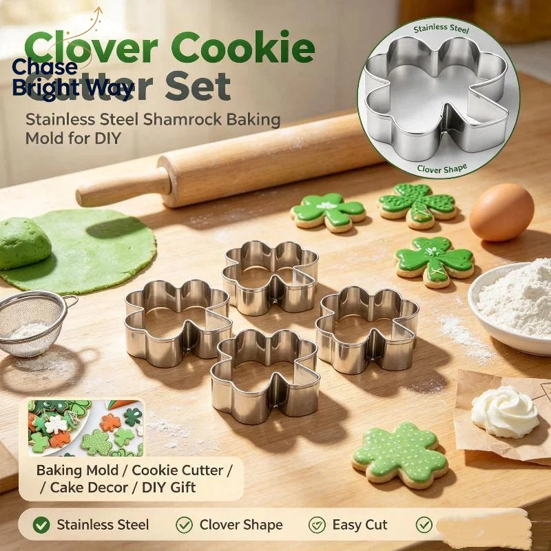 Clover Cookie Cutter Set 3 Pcs Food Safe Stainless Steel Shamrock Mold for Home Baking Party Treats
