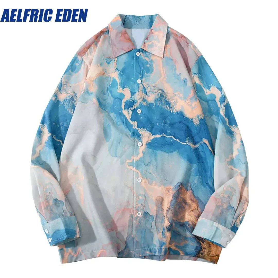 

Aelfric Eden Tie Dye Painting Print Beach Hawaiian Shirts Long Sleeve Button Shirt Hip Hop Harajuku Casual Holiday Party Blouse