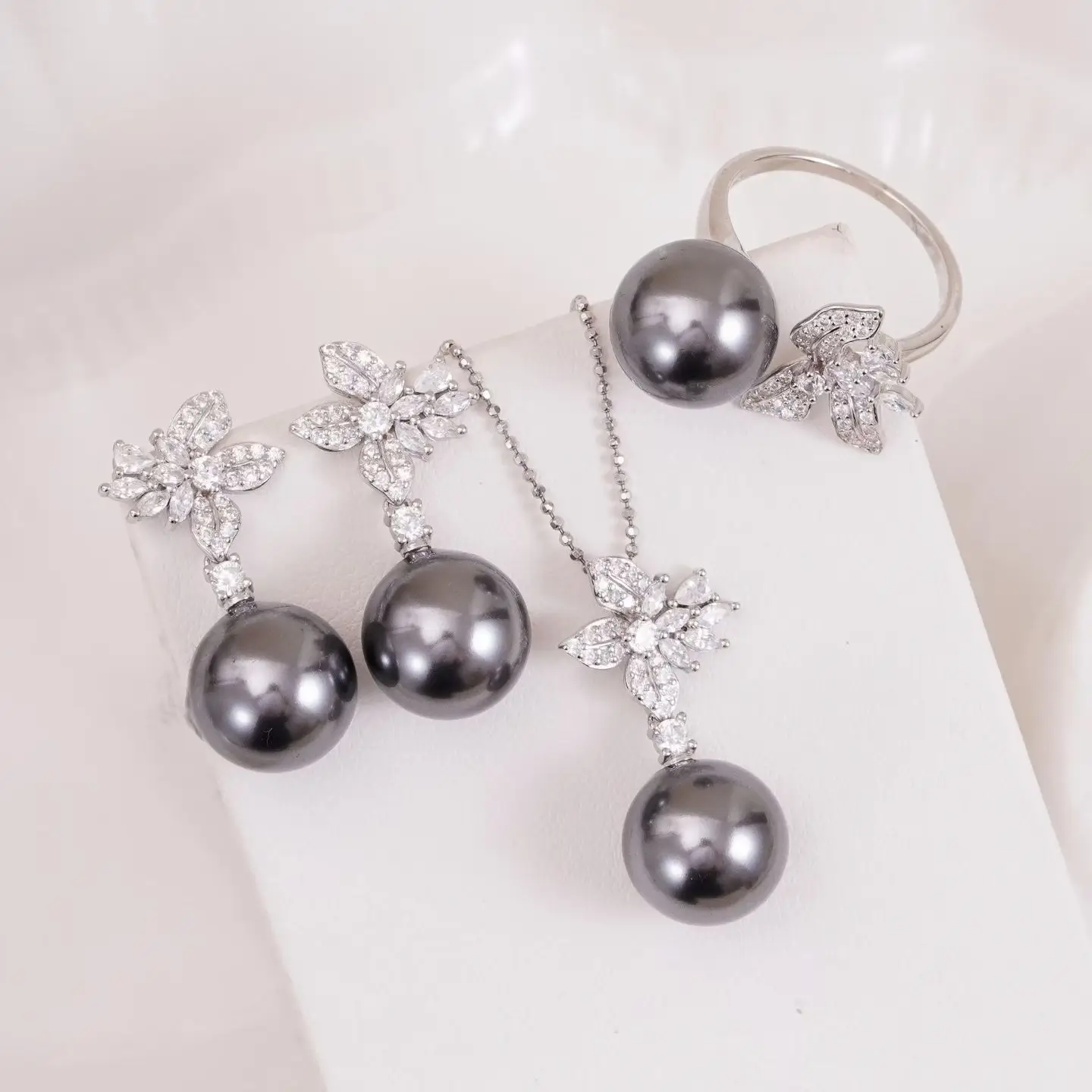 S925 Sterling Silver Pendant Ring Earrings Set Base Mounts Findings Mounting Jewelry Set Parts Fittings for 10-11mm Pearls