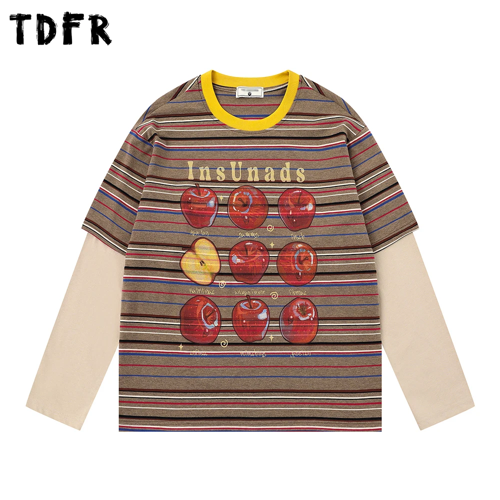 

Cartoon Print Striped Fake two-piece T-shirt Mens Patchwork Spring Retro Casual Long Sleeve Crew Neck Tee Man