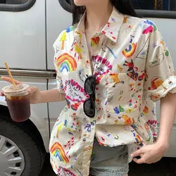 Womens Trendy Graffiti Print Button Up Shirt Vintage Casual Streetwear Oversize Blouse Y2K Summer Lapel Short Sleeve Tops Female