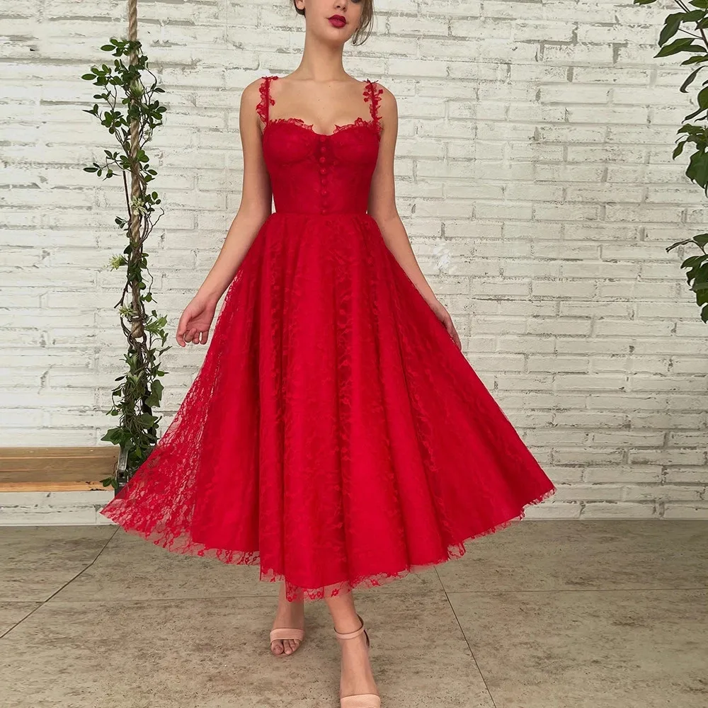 

Sweet Red Lace Prom Dresses 2023 New In Sweetheart Buttoned Tea-Length Wedding Party Gowns Summer Beach Maxi Midi Outdoor Wear