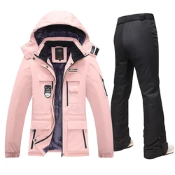 Super quente terno de esqui ao ar livre feminino inverno neve velo jaqueta e calças à prova dwaterproof água respirável feminino snowboard wear equipamentos de esqui