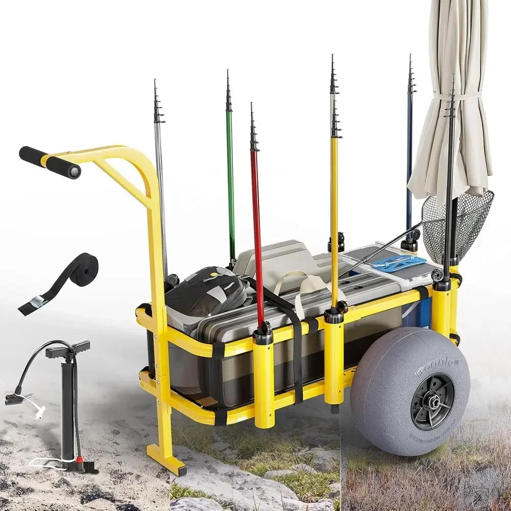 Beach Trolley with 13 Balloon Wheels, Sand-Friendly, 300 lbs Capacity, 8 Fishing Rod Holders, Mesh Bag, Hand Pump