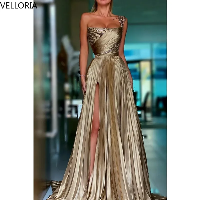 

Gorgeous Gold Evening Dresses A-Line Ruffles Side Split Sweep Train One Shoulder Sequins Women Gowns Prom Party Dress Customized