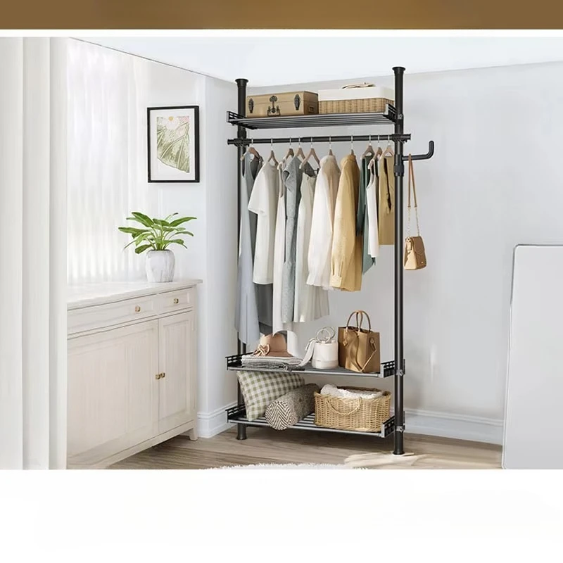 2 Tier Ceiling Tension Type Hanger Rack Vertical Width Telescoping Space Saving Large Capacity Wide Wardrobe Closet