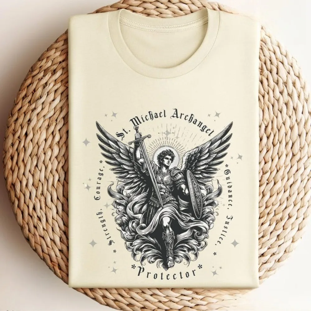 St. Michael Archangel Tshirt Catholic Vintage Clip-Art Gifts Shirt Retro Church Clothing Devotional  Men Women Cotton Tee Tops