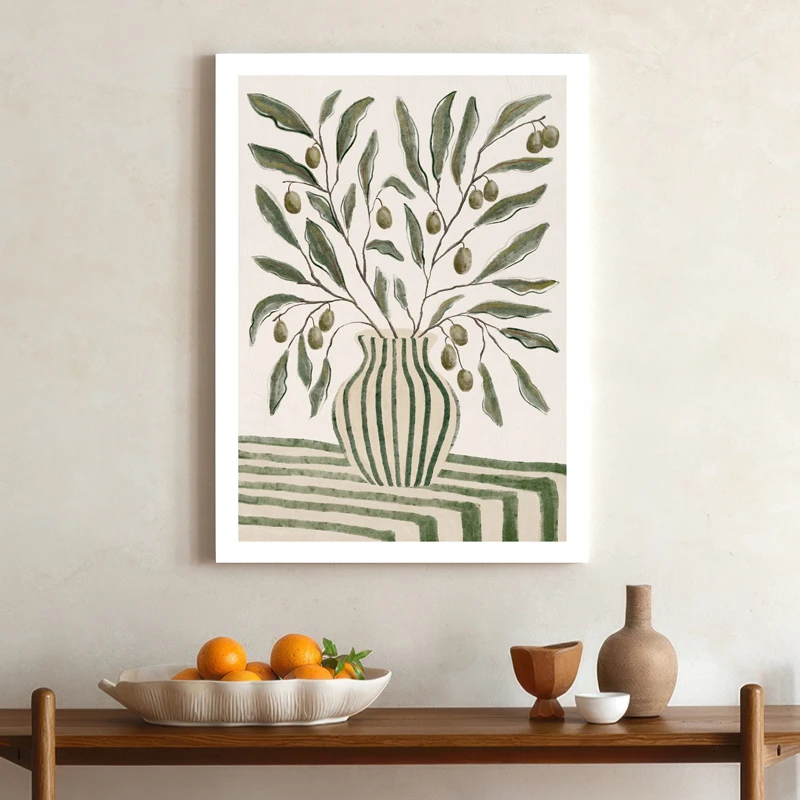 Impresión en lienzo de rama de olivo nórdica, arte botánico de pared en verde salvia, póster minimalista de plantas para sala de estar, cocina, decoración del hogar