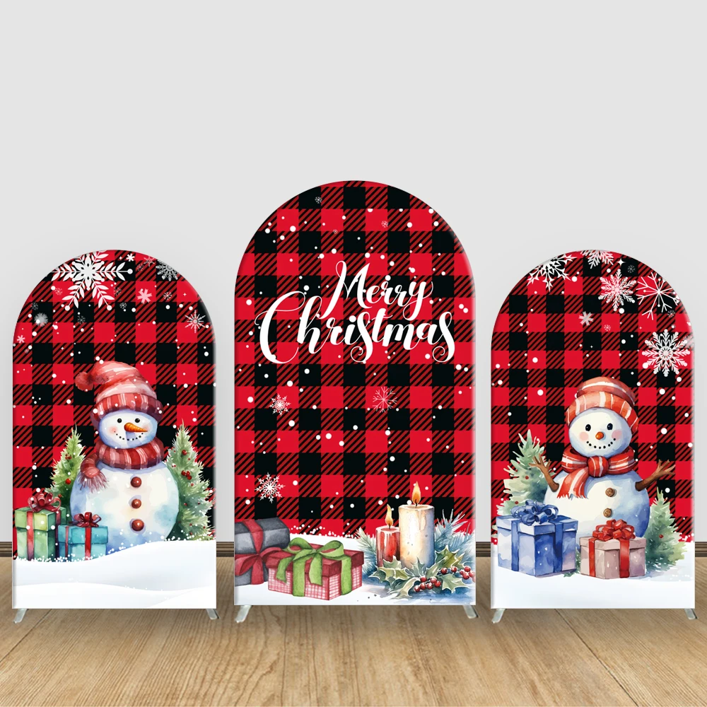 

Merry Christmas Arch Backdrop Cover Red Plaid Snowflake Snowman Xmas Tree Children Party Babyshower Decor Chiara Wall Background