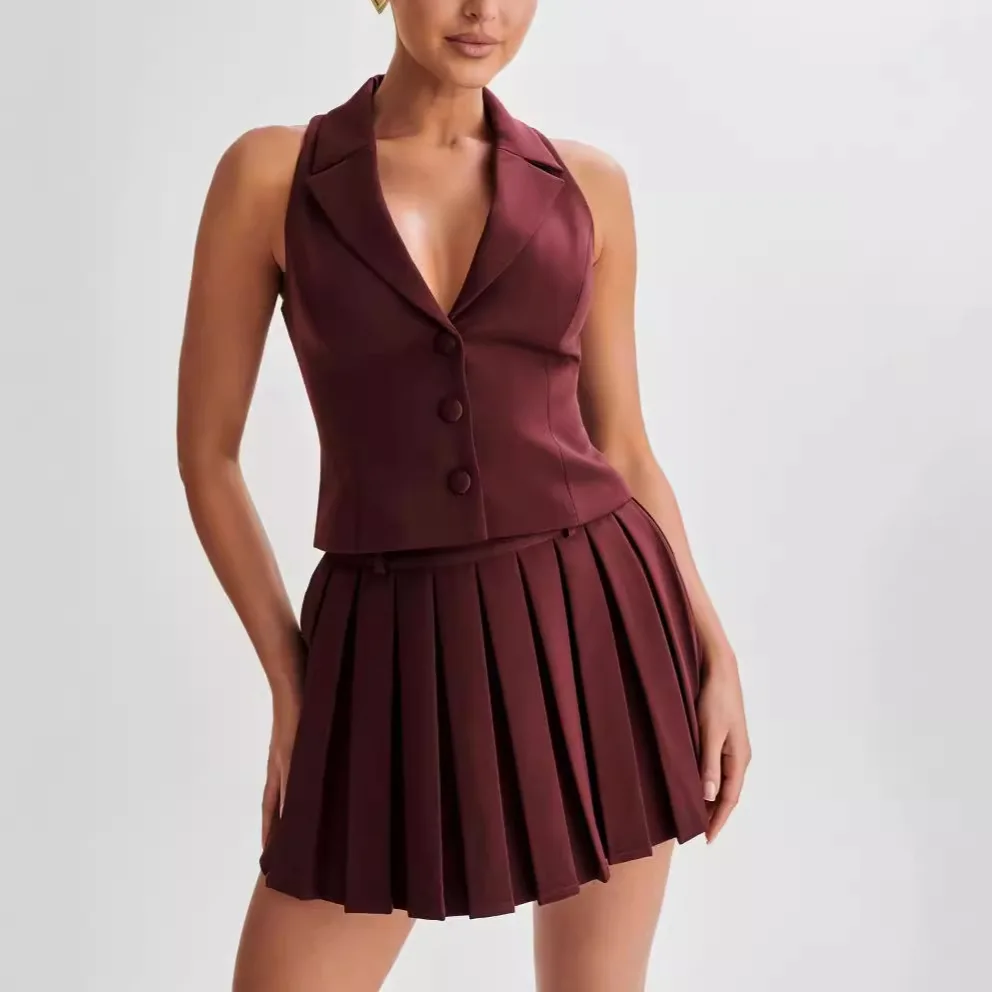 Summer Elegant Lapel Sleeveless Suit Waistcoat High Waisted Mini Pleated Dresses Sweet Street Style Slim Vest Skirt 2 Piece Set