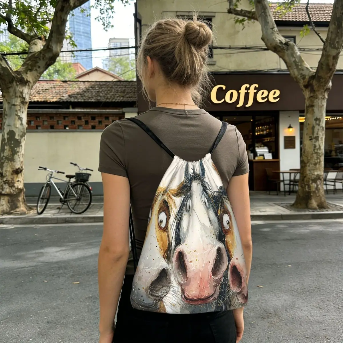 Three Cartoon Horse In Fences Backpacks Portable Drawstring Bags Shoes Bag Book Bags for Travel Students
