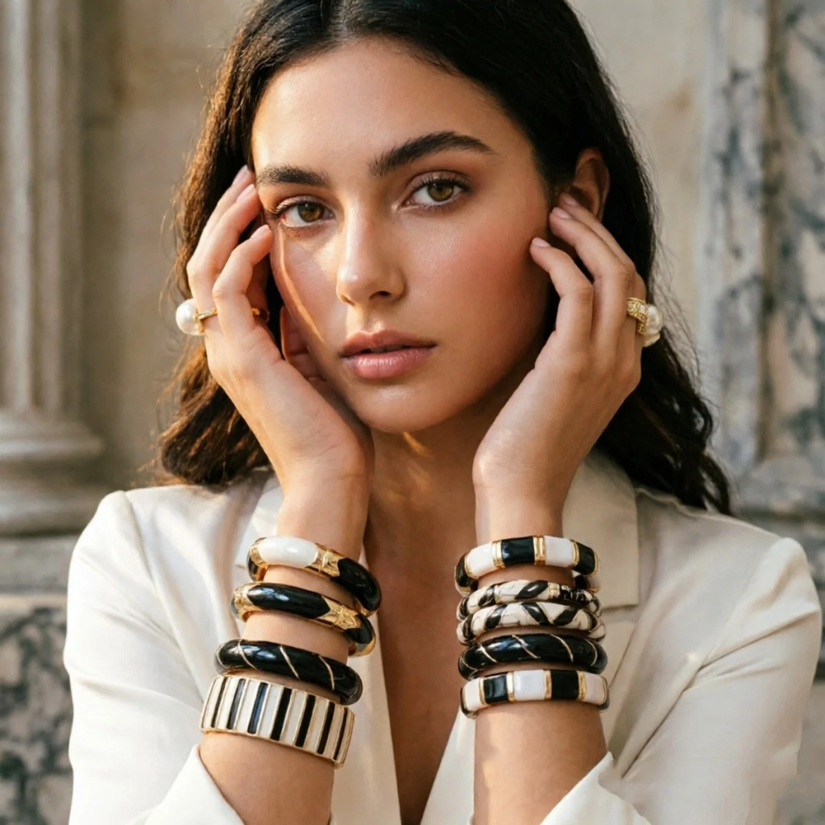Vintage Schwarz-Weiß Gesplittete Emaille-Manschettenarmbänder für Damen und Herren, Punk Geometrisches Blumenmuster, Wellenförmiger Bambus-Gelenk-Armreif Schmuck – Detail 19