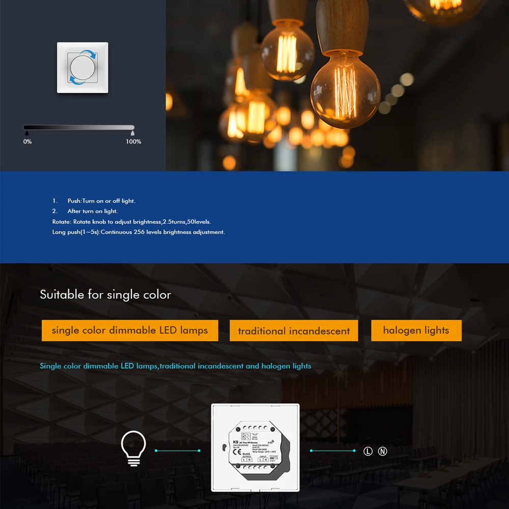 AC Triac Rotary Panel Dimmer 1CH 220V 230V 110V  Single Color Dimmable LED Lamps Traditional Incandescent Halogen Light Dimming