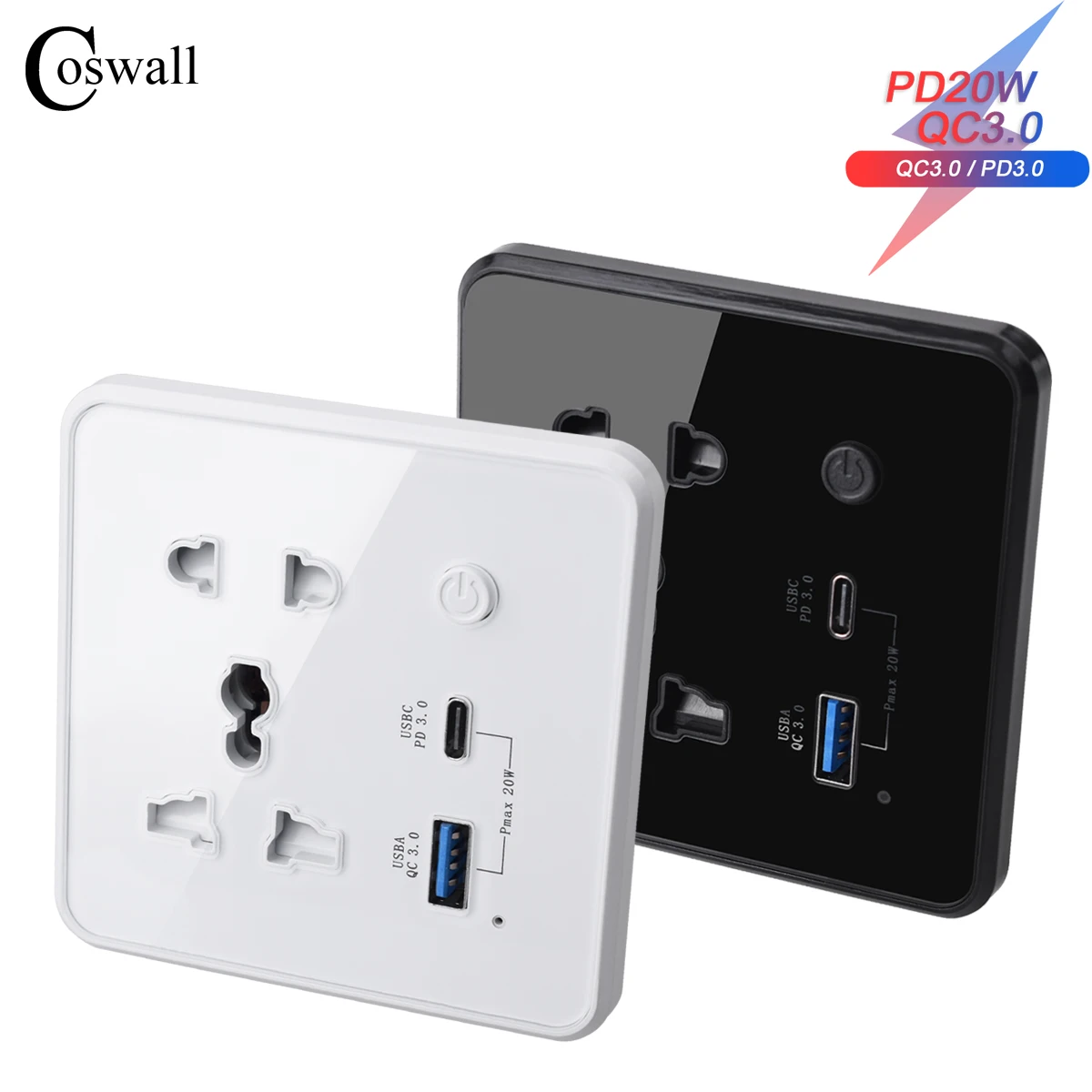 Coswall Tuya presa universale + Daul USB 20W Type-C caricabatterie rapido QC 3.0 DC 5V/9V/12V uscita con interruttore principale a chiave fisica