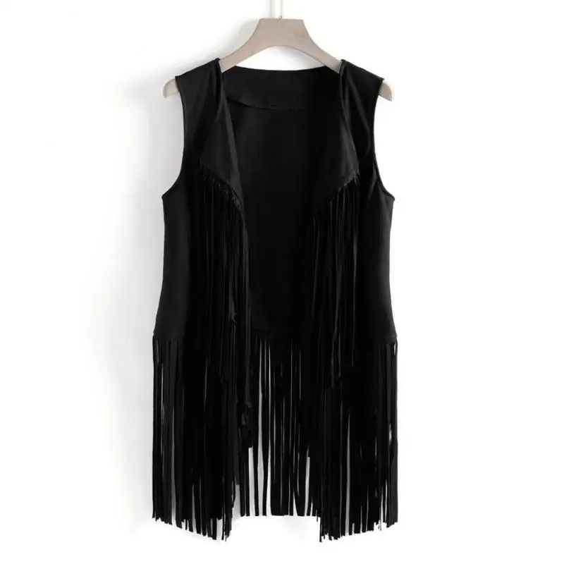 

Women's Fringed Vest Jacket Fashion Fall Winter Suede Ethnic Sleeveless Fringed Vest Cardigan Vintage Faux Tassel Coat Black